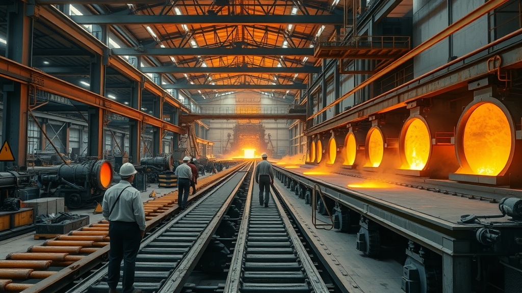 Active U.S. steel mill operating under tariffs on import goods, showing production lines and industrial impact