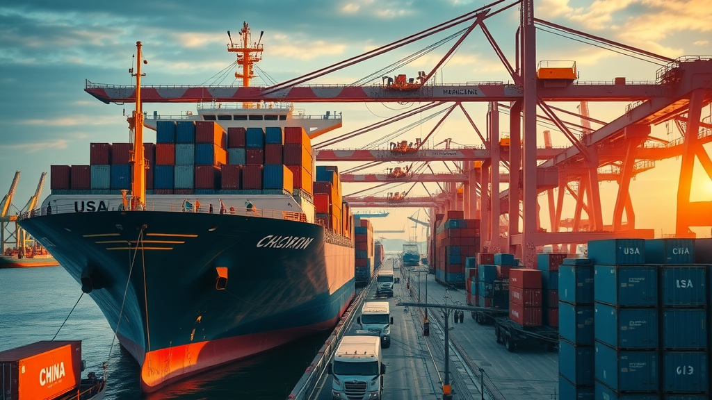 United States v China trade war tariffs: Cargo ships and containers at international port