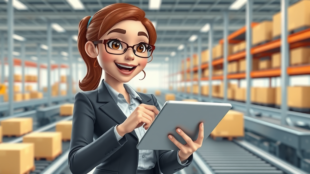 Confident businesswoman tracking international shipments through customs clearance process using a tablet in a stylized logistics warehouse