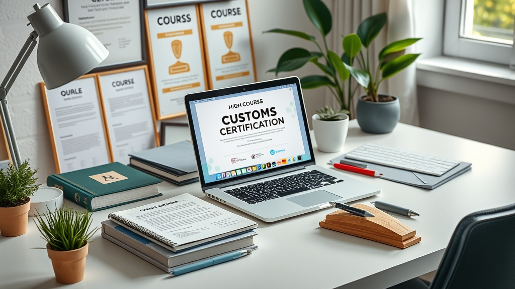 modern study workspace with customs certification books, laptop showing online course; customs brokerage exam prep environment, bright natural daylight
