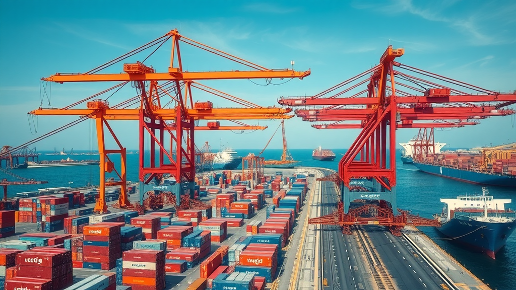 dynamic global shipping port with bustling activity and container cranes operating, global supply chain in action