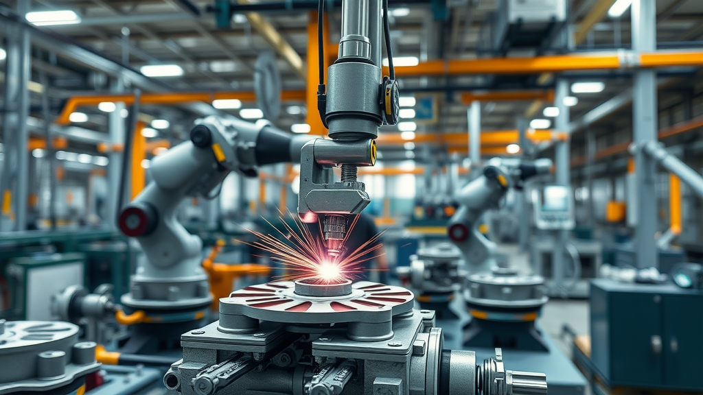 industrial laser welding in a modern manufacturing facility with precision laser beam welding metal components, automated robotics, and workers in action