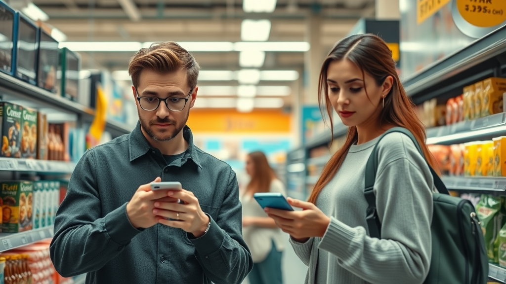 retail store shoppers checking electronics and grocery prices affected by US tariffs