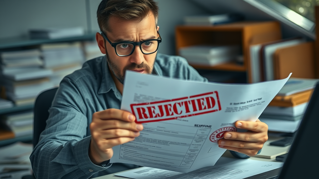 Exporter reviewing rejected shipping dossier after customs clearance process failed, visible red stamp, detailed documentation