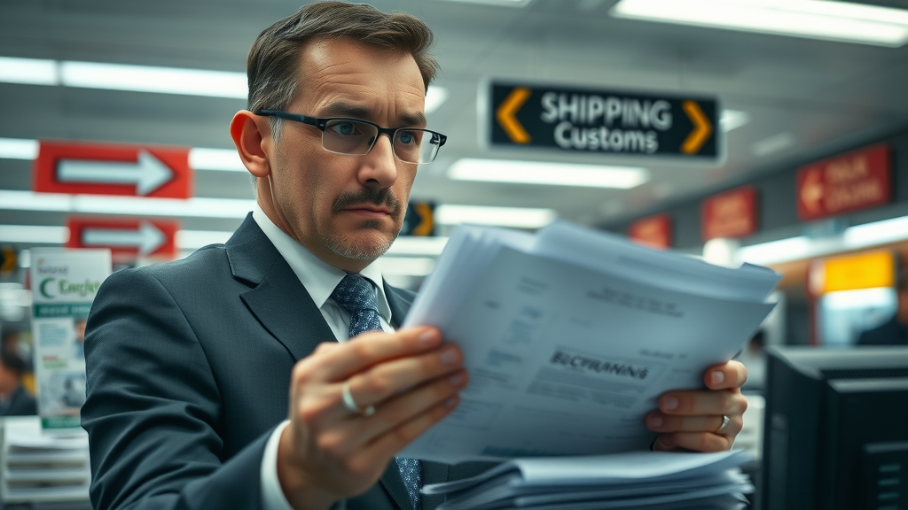 business person overwhelmed by import and export customs paperwork