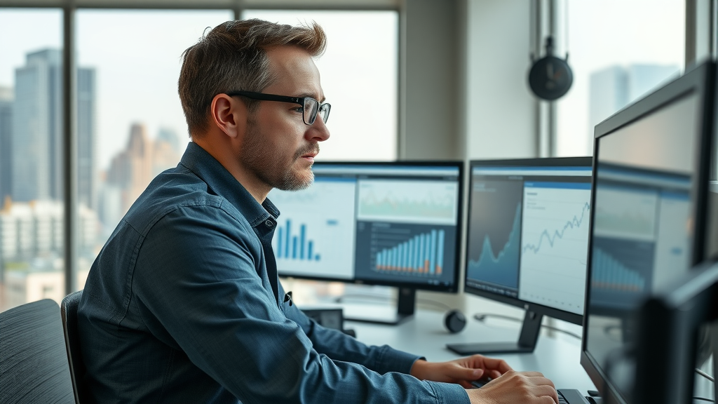 industry analyst reviewing critical mineral supply chain trends, digital monitors showing rare earth supply and tariffs