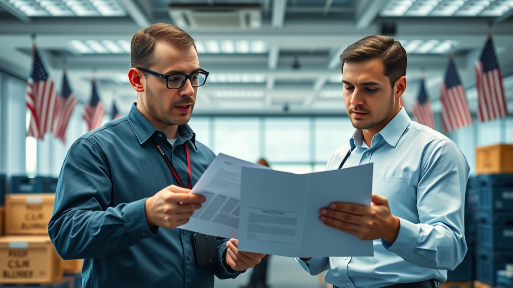 import duties us, customs officers reviewing shipping documents in a modern US customs office
