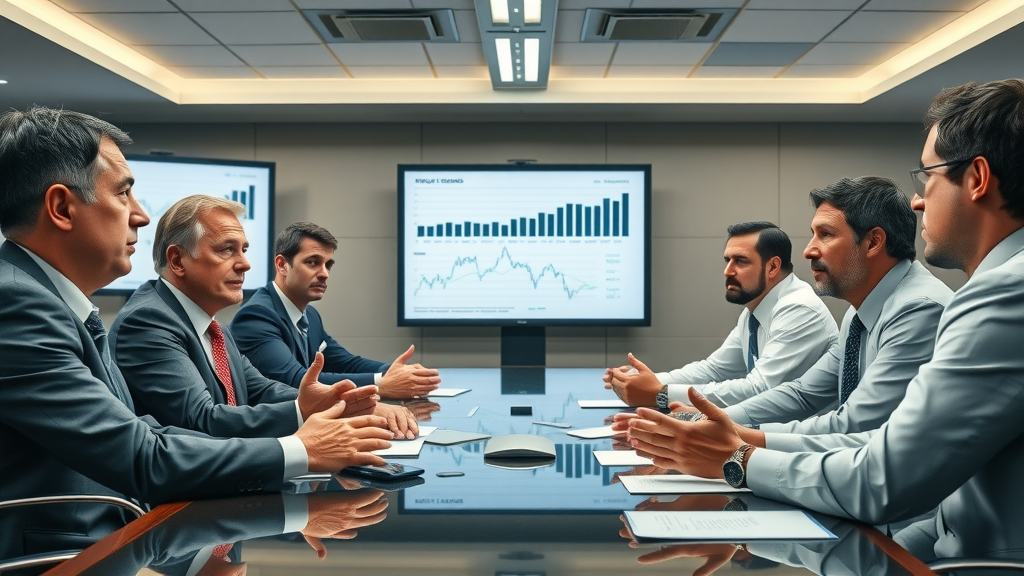 Financial leaders debating trade policy and consumer price inflation in the United States boardroom