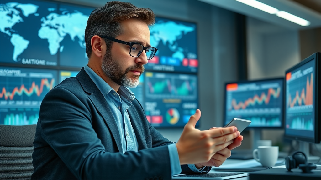 Analytical economist reviewing tariffs and inflation data in office with financial charts and world maps