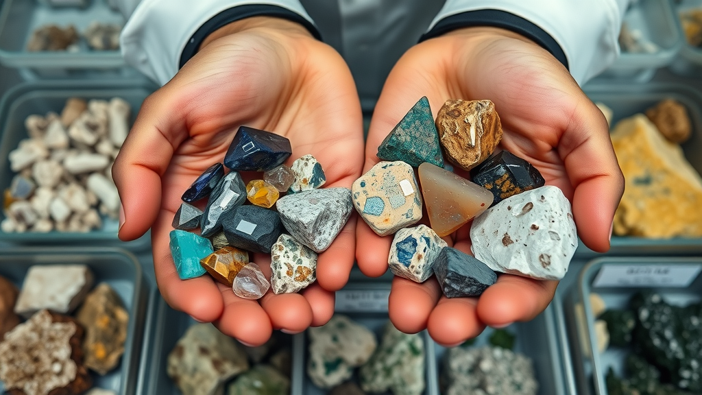 hands displaying metallic, non-metallic, and energy minerals in a scientific workspace, showing reflective mineral surfaces and fine textures