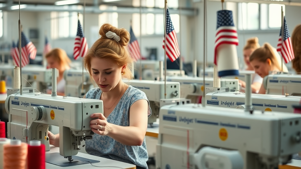 American textile factory benefiting from US tariffs, workers using sewing machines, vibrant US colors, bright workspace