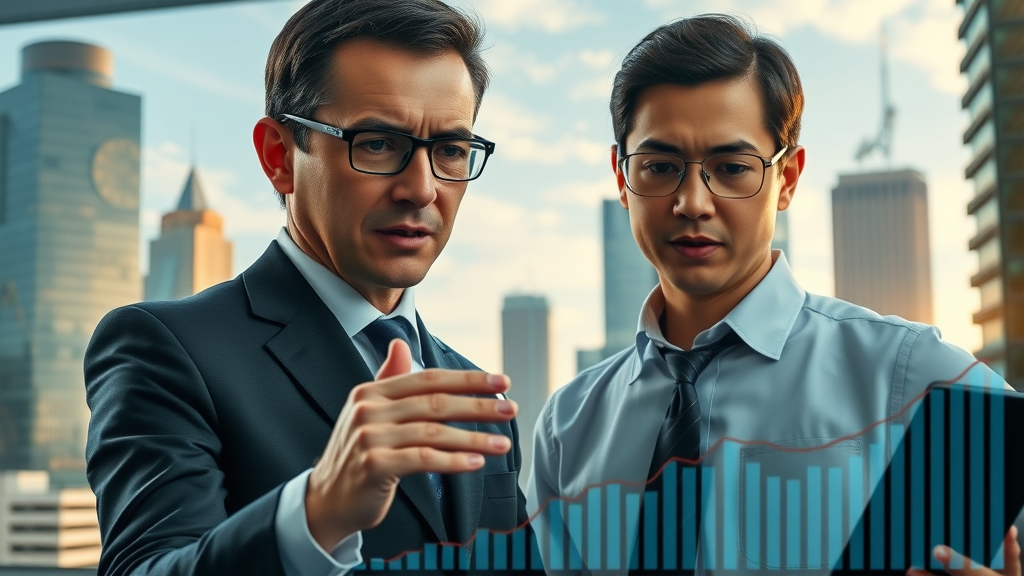 alarming world economic dashboard with economists analyzing fluctuating graphs, trade war 2025 impacts, urban financial district