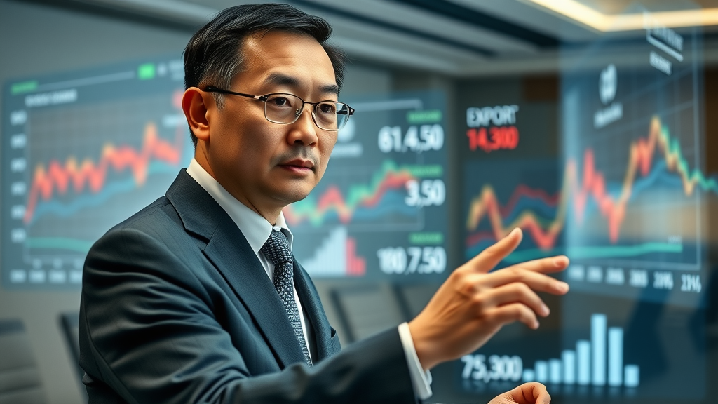 serious Chinese economist reviewing shifting export data export news high-tech digital conference room