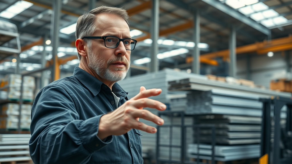 industrial steel and aluminum products loaded onto trucks, warehouse supervisor directing logistics for customs and trade compliance, metallic reflections, highly detailed, border protection context