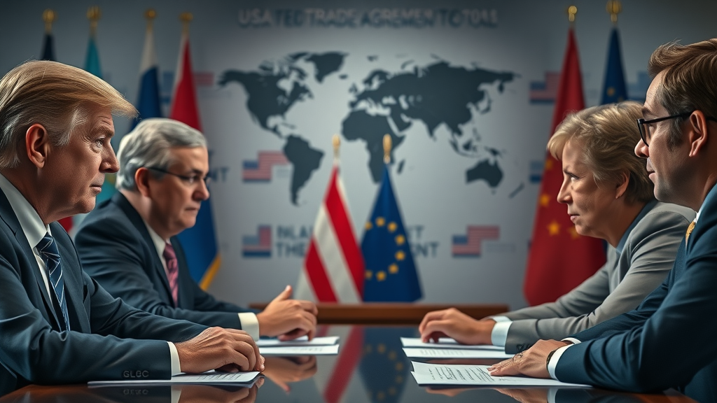 US and EU trade representatives negotiating reciprocal tariffs with global trade symbols in background