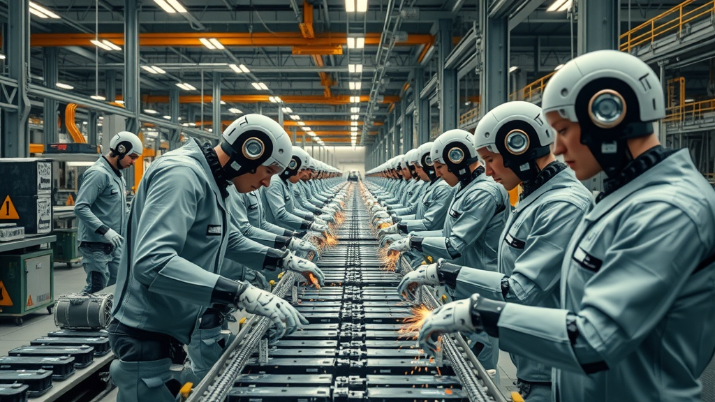 Electric vehicle assembly line, engineers with mineral-filled crates and battery packs, busy factory floor