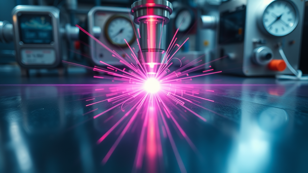 Closeup of laser beam interacting with reflective metal, swirling heat patterns, laser welding materials, technical view showing heat input, highly detailed, laboratory environment