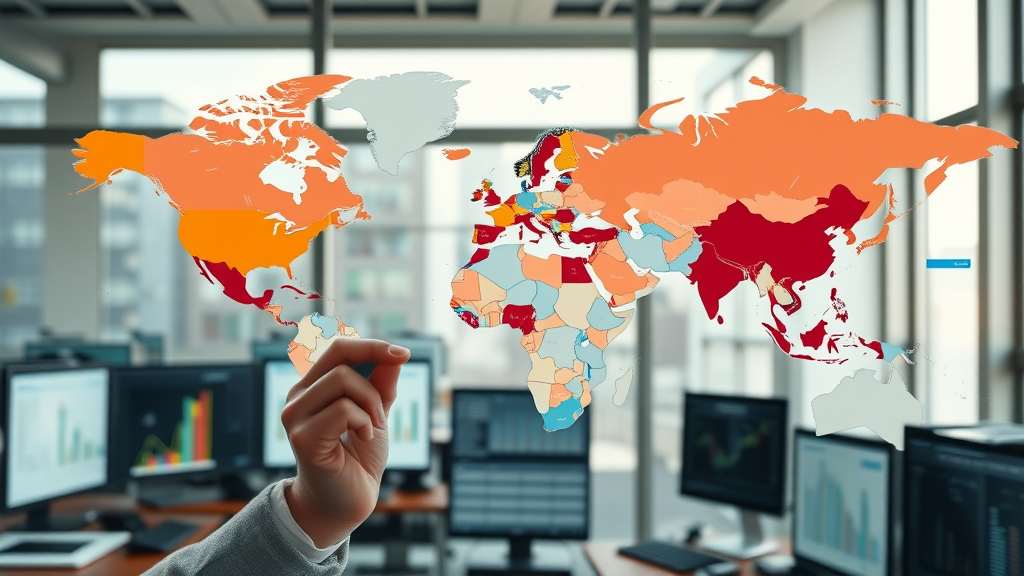 Global tariff trends illustrated on a world map with countries affected by tariffs. Major economies like the United States, China, and European Union highlighted with colored overlays to show tariff impact.