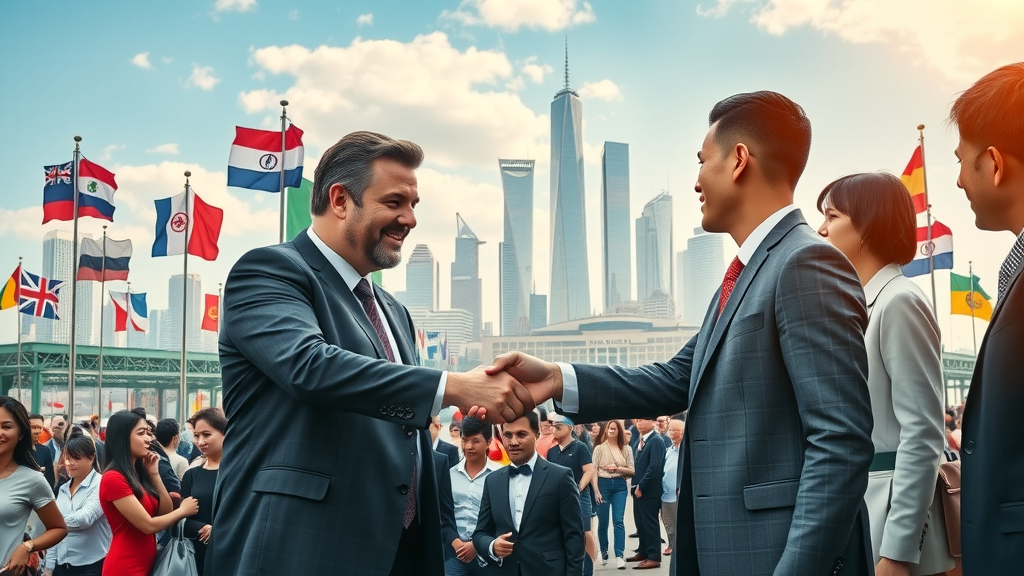 dynamic international trade hub with business leaders from diverse countries shaking hands, global city skyline with international flags, representing global trade organizations