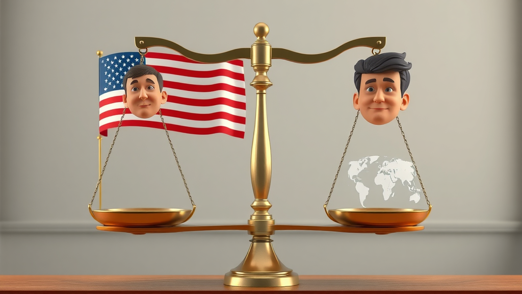 Symbolic balancing scales with American flag and global market icons representing effects of US tariffs