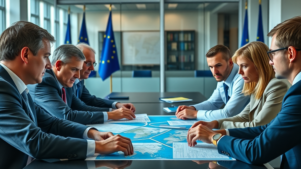 EU policymakers negotiating trade agreements at a modern Brussels office amidst new global tariff trends.