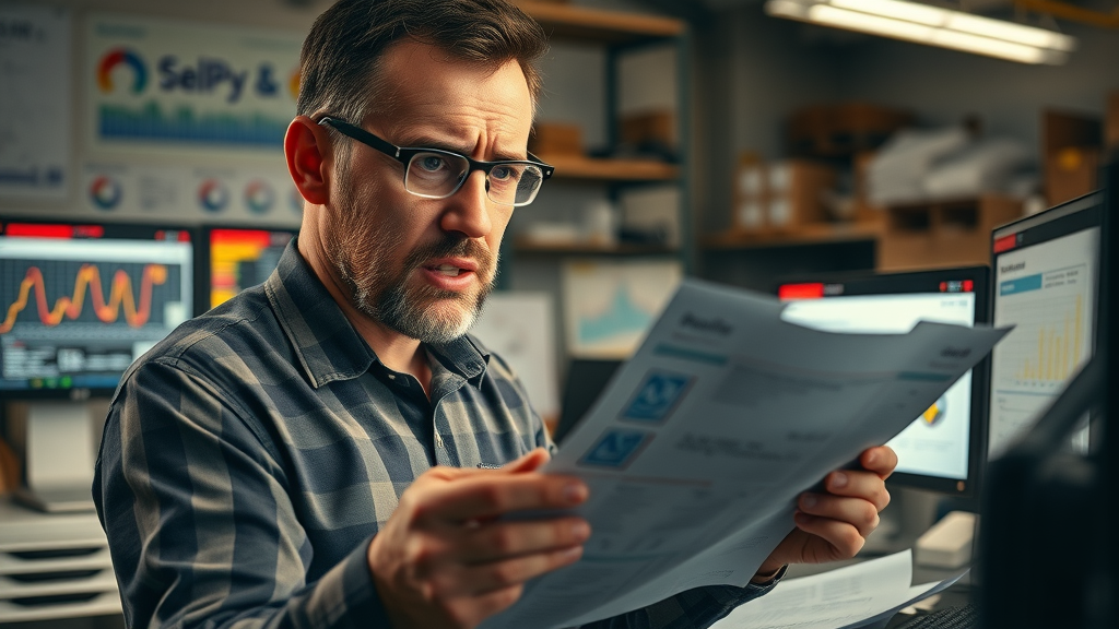 tariff impact on supply chain, stressed manufacturer examining disrupted supply chain data and warnings, effect of tariffs on supply chain operations