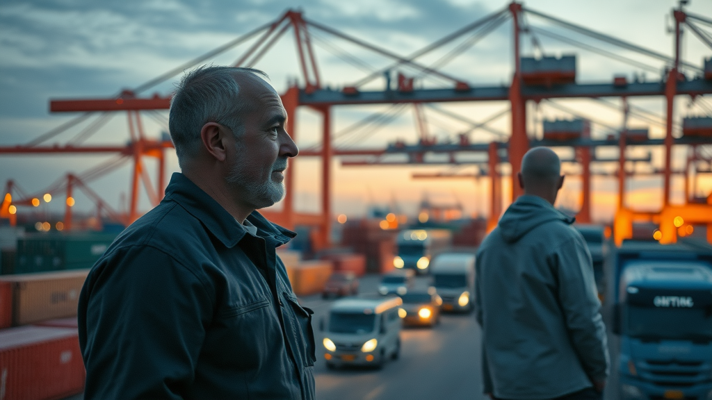 Dynamic global market scene of mineral shipments and concerned logistics managers tracking containers at a high-tech port, mineral supply chains