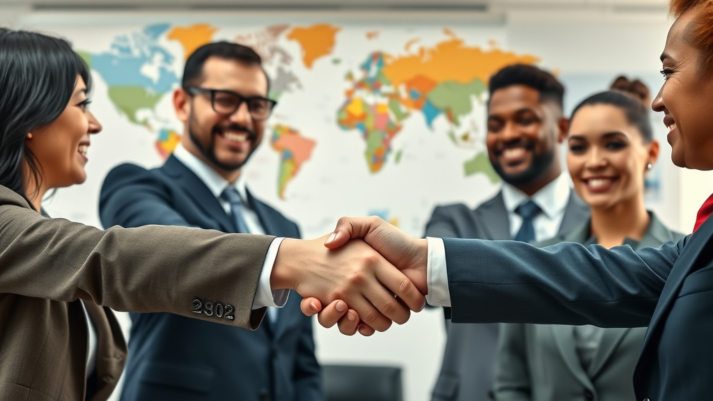 International businesspeople shaking hands after a global trade review emphasizing partnership and industry leadership