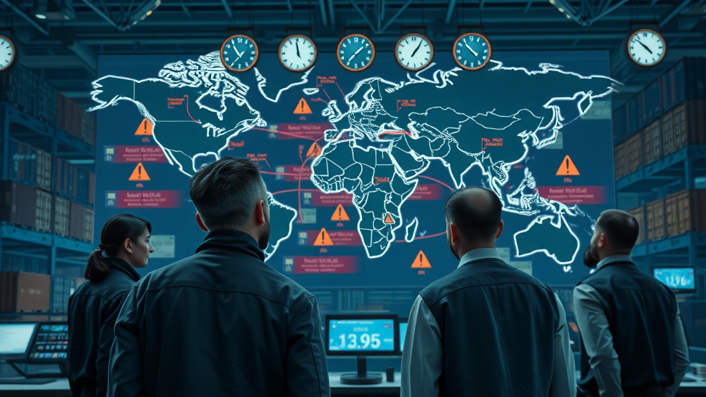 tariff impact on supply chain, multinational logistics hub with professionals reviewing trade lines and tariff warnings, global supply chain disruption, logistics center, supply chain planning
