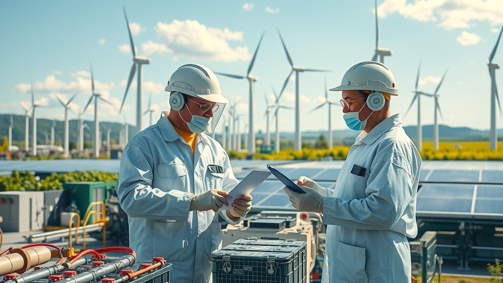 Clean energy facility with batteries, wind turbines, and solar installations reliant on critical minerals