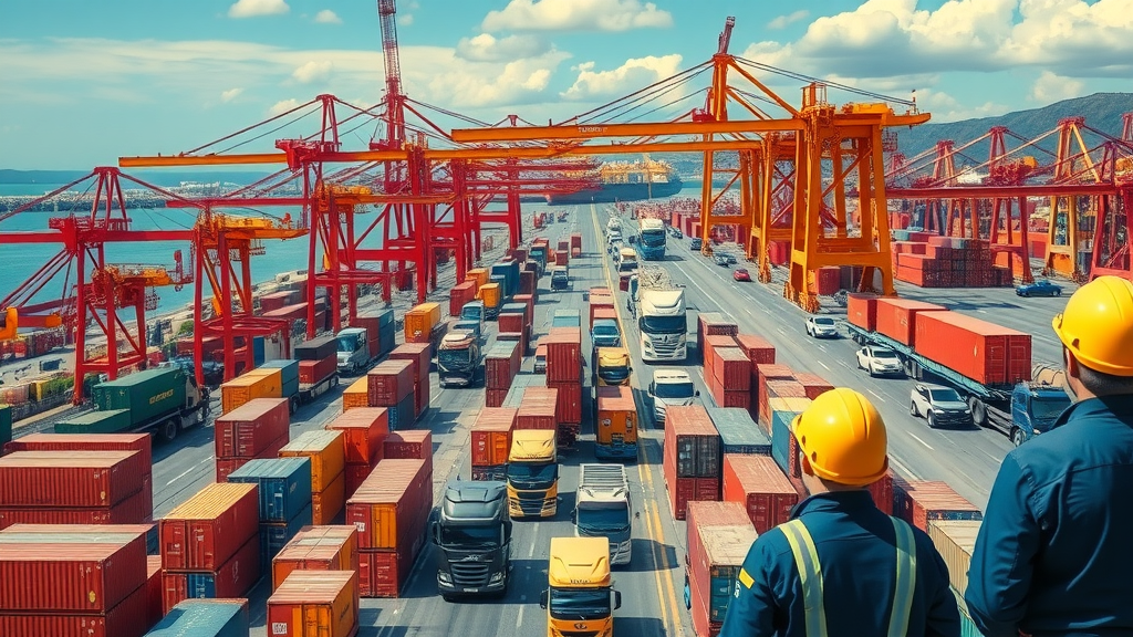 Busy logistics hub showing supply chain impact of global tariff trends with shipping containers, trucks, and industrial port scenery.