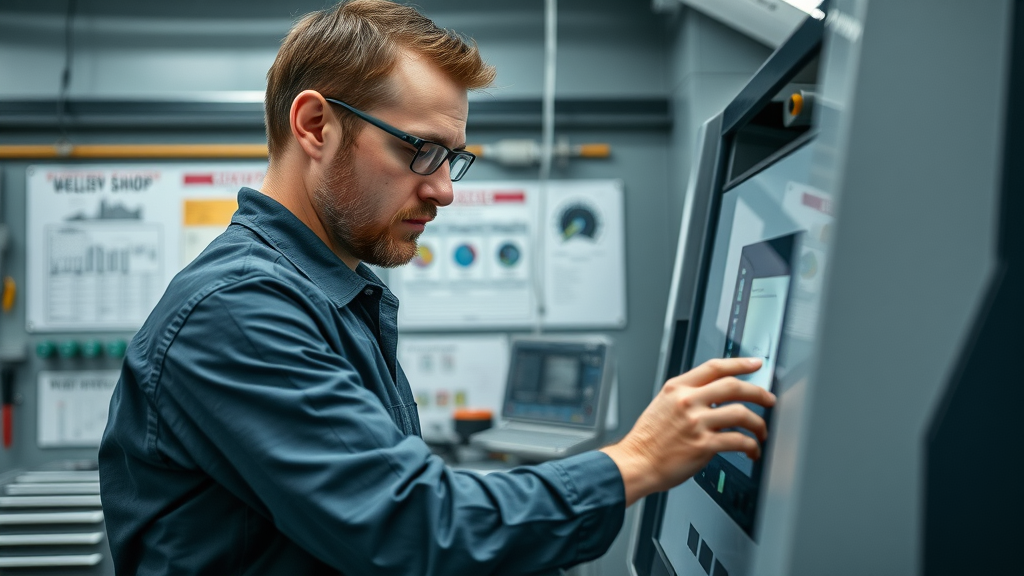 organized manufacturing workspace, experienced engineer adjusting control panel of a modern laser welding system, background with calibration charts