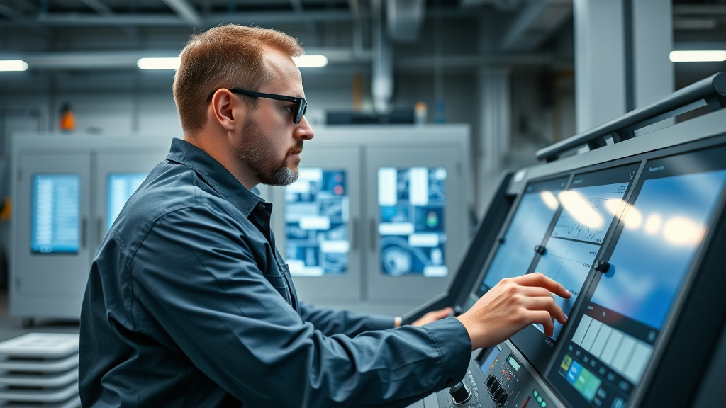 Industry professional using a digital control panel to adjust advanced laser welding parameters, high-tech factory environment, overseeing modern laser welding equipment