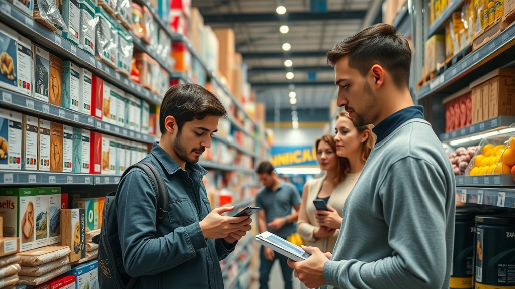 shelves filled with US tariffed goods like electronics, apparel, and produce with shoppers examining products