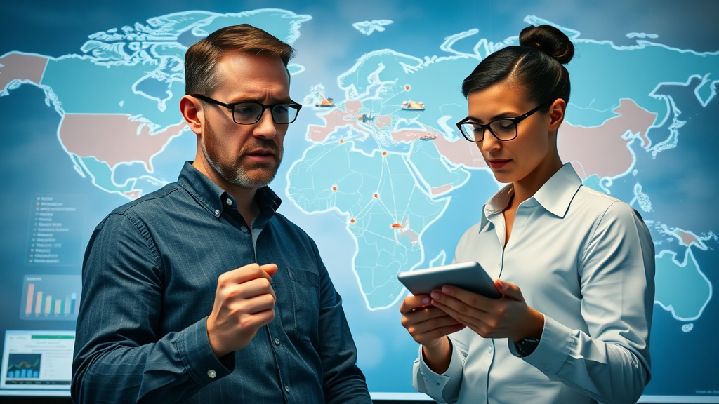 dynamic global map of strategic minerals trade routes with industry professionals analyzing data