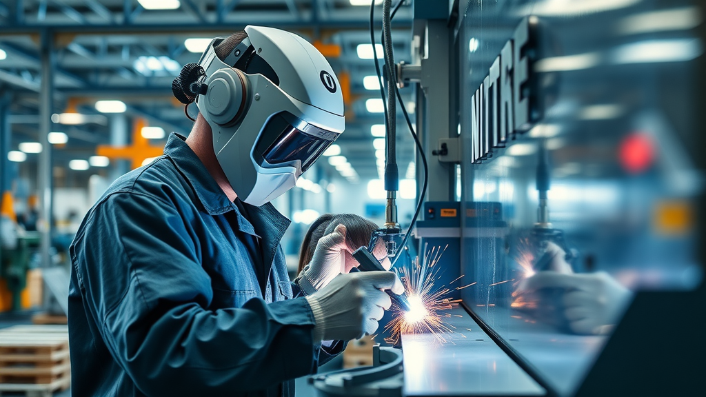Dynamic industrial workshop laser welding in action, modern laser welding machine, sparks flying, technician operating, highly detailed manufacturing environment, laser welding materials being processed