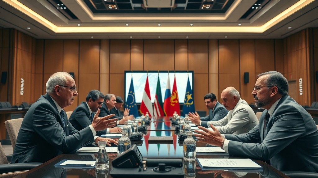 international diplomats negotiating tariff policies at a conference table representing US and European Union trade deals