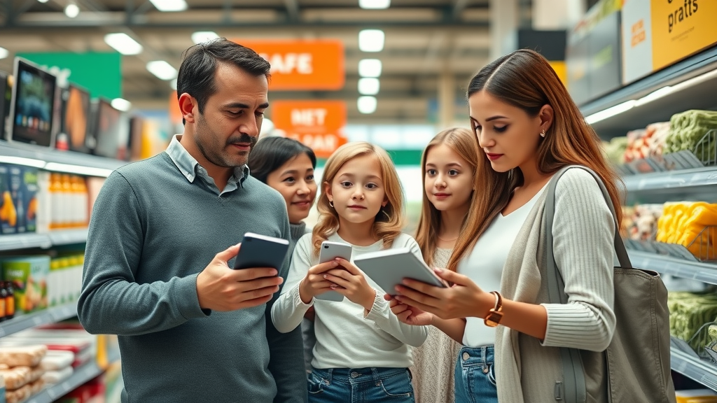 contrasting consumer electronics and groceries affected by price hikes from inflationary pressures from tariffs, curious family comparing prices