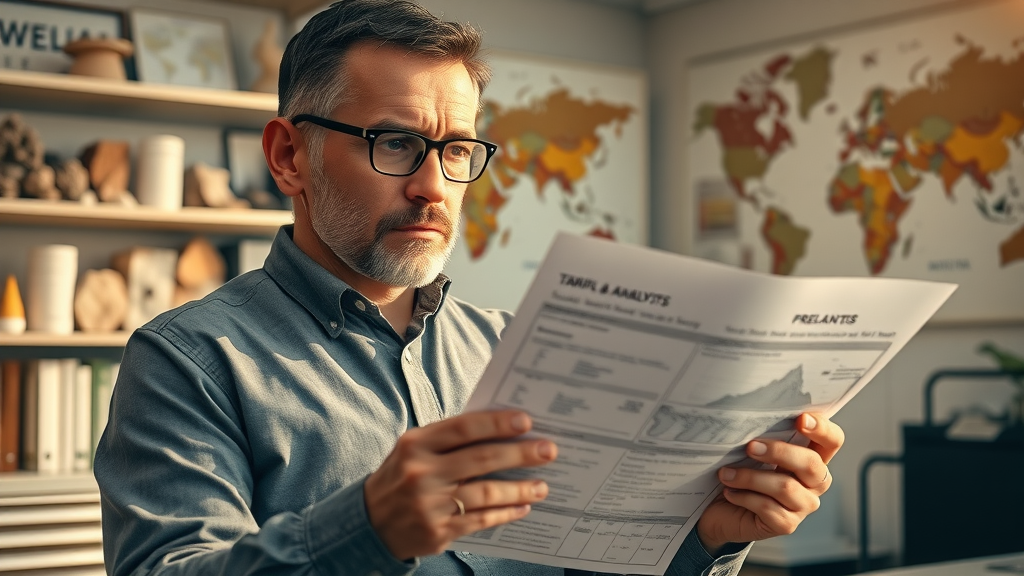 concerned mining analyst reviewing policy document on tariff impact on mining mineral supply chains