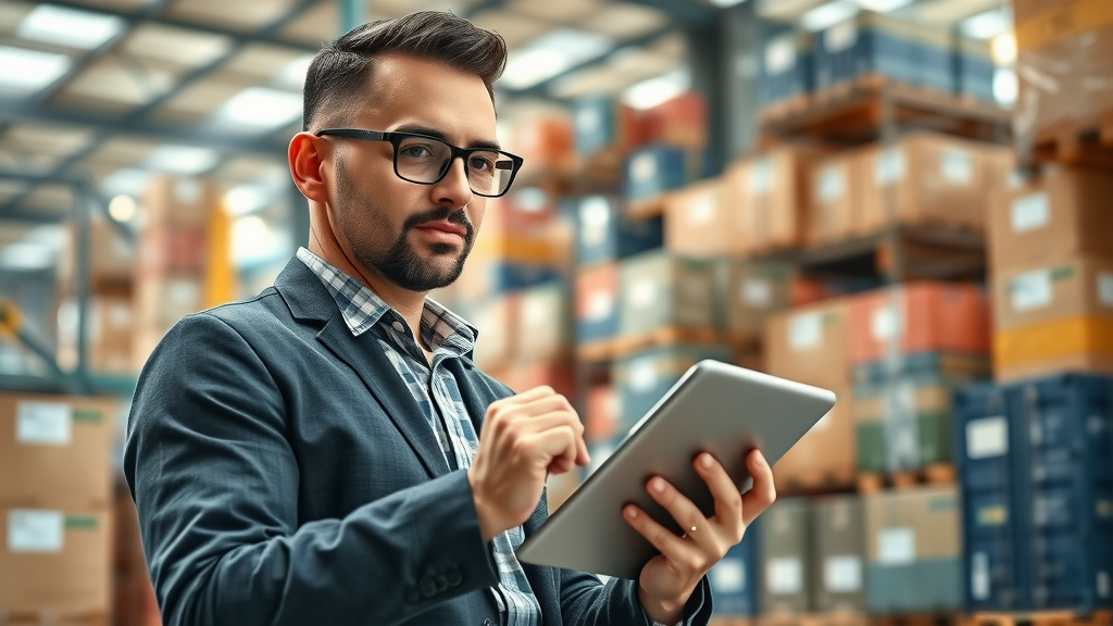 import export manager using tablet checklist for customs regulations compliance in a warehouse, border protection context