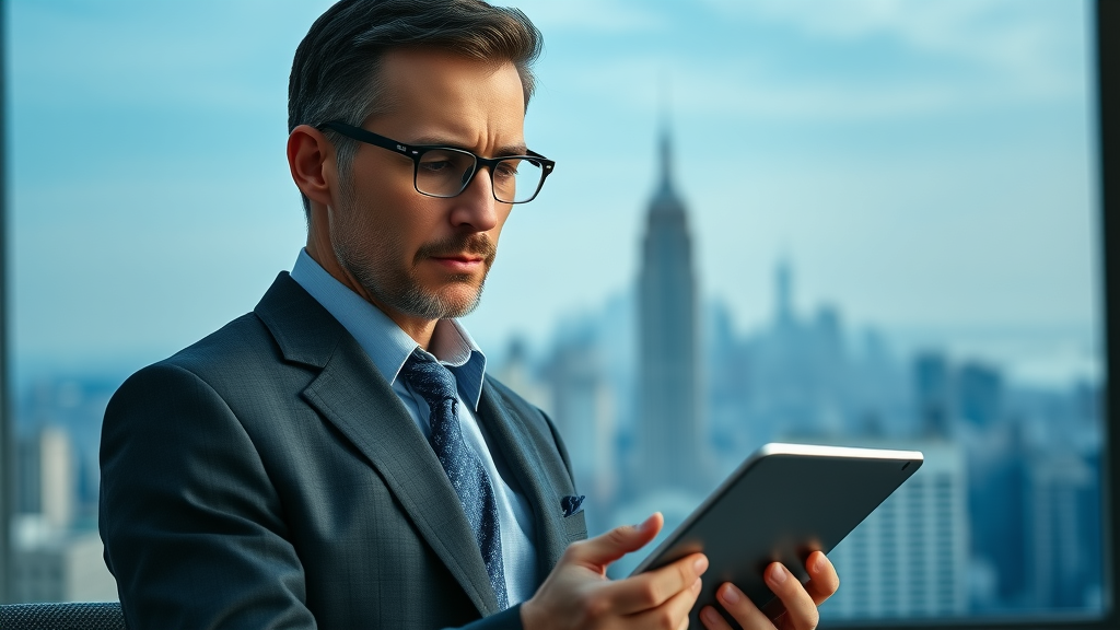 American economist analyzing tariff rate data impacts on the US economy with New York skyline backdrop.