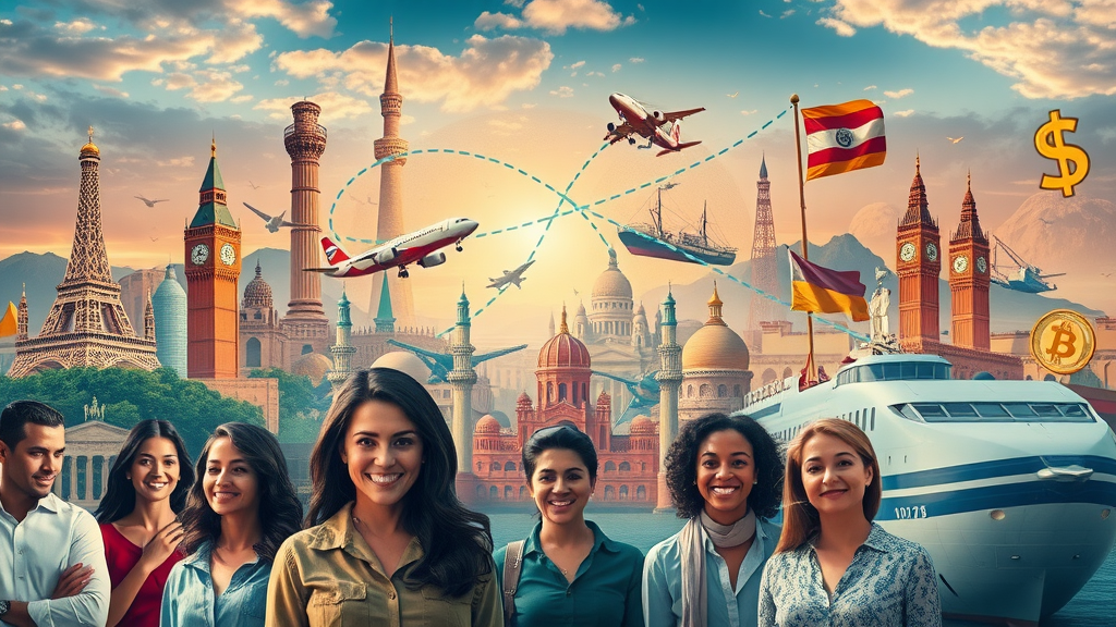 international trade world landmarks connected trade lines digital currency ships airplanes