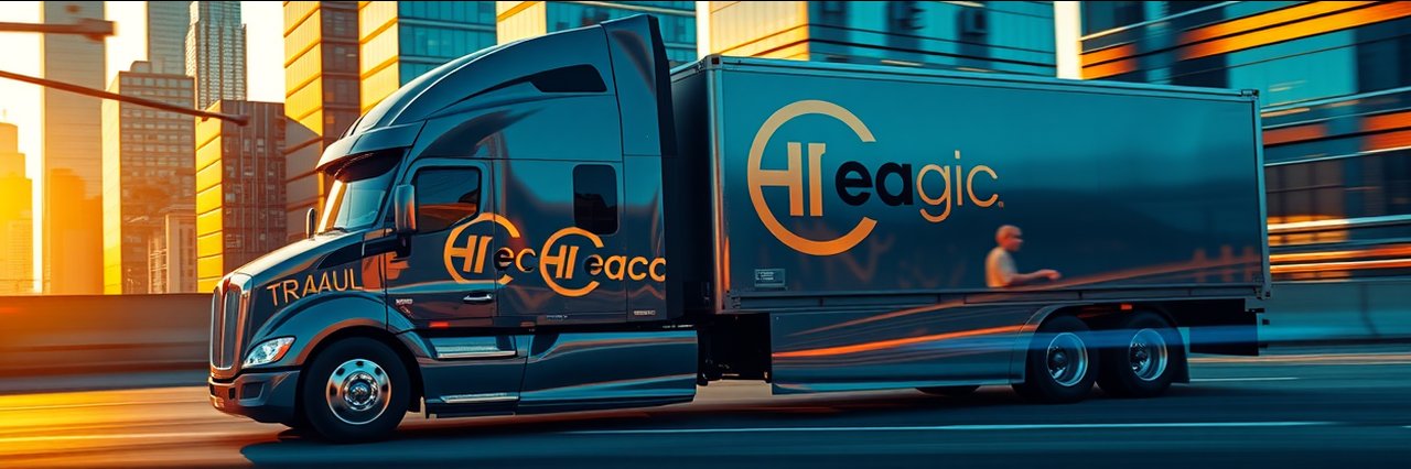 Fast metal shipping truck speeding on futuristic highway with polished containers
