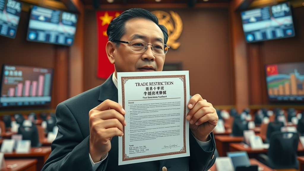 Chinese trade official unveiling export restriction notice with market data
