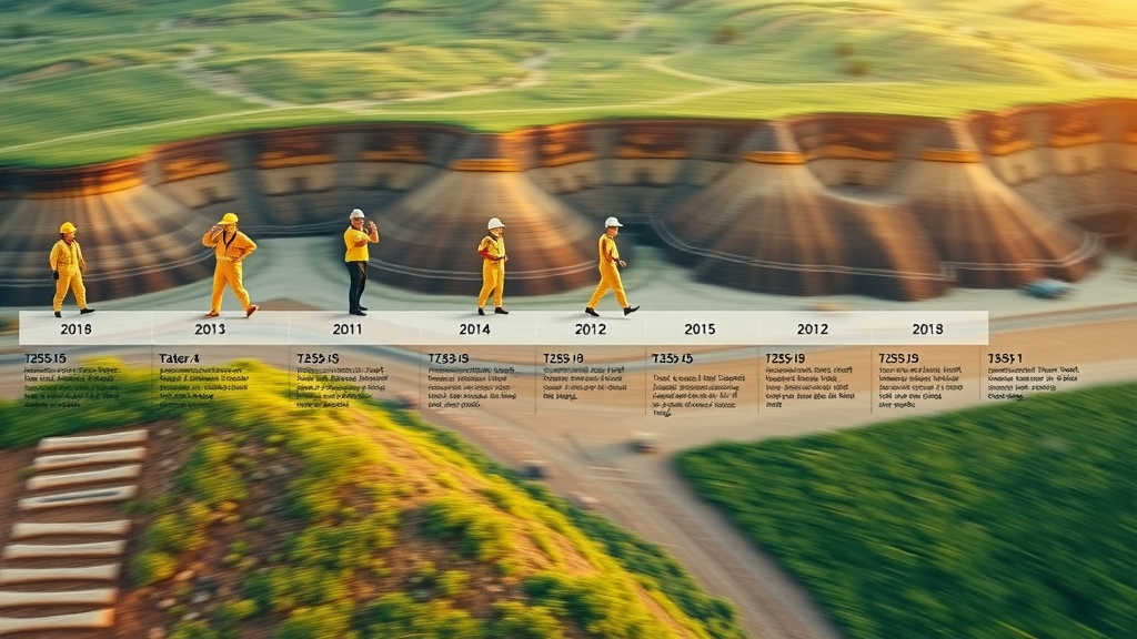 comprehensive life-cycle timeline showing geologists and engineers coordinating at mining project phases; outdoor mining site transitioning to reclaimed green land