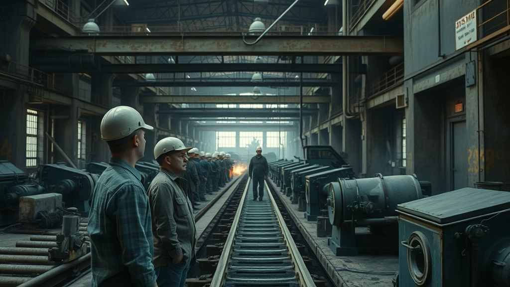 Affected industries US tariffs somber steel mill interior with concerned workers and idle machinery, emphasizing global retaliation