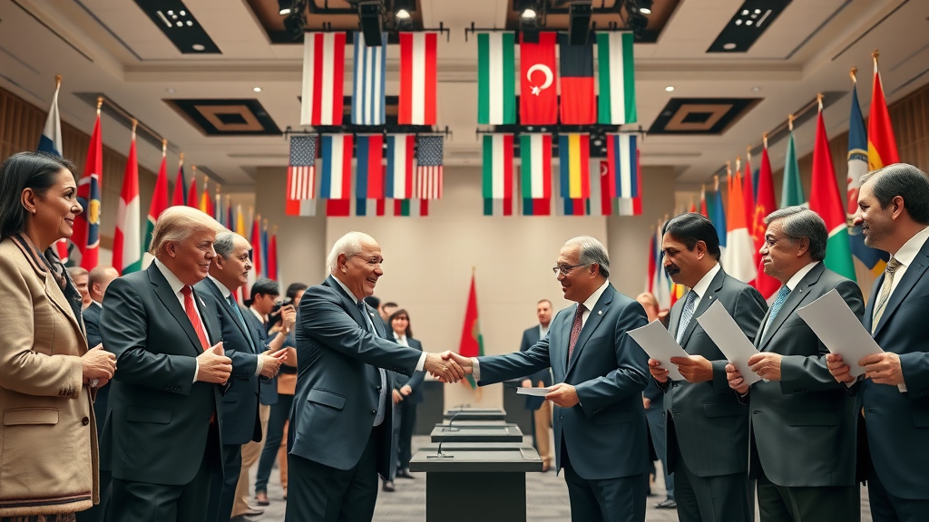 optimistic diplomatic summit with diverse leaders shaking hands, symbolizing trade war 2025 agreements