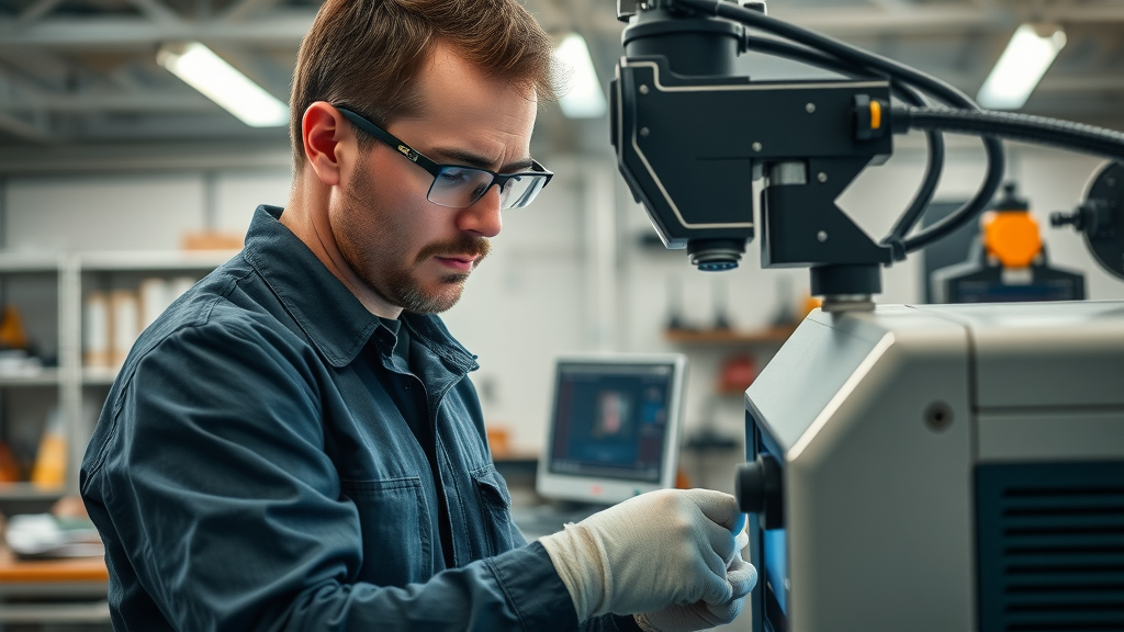 Technician calibrating laser welding machine, careful adjustment, clean industrial workspace, organized tools, calibration process for laser welding materials, focus on control panel, professional environment