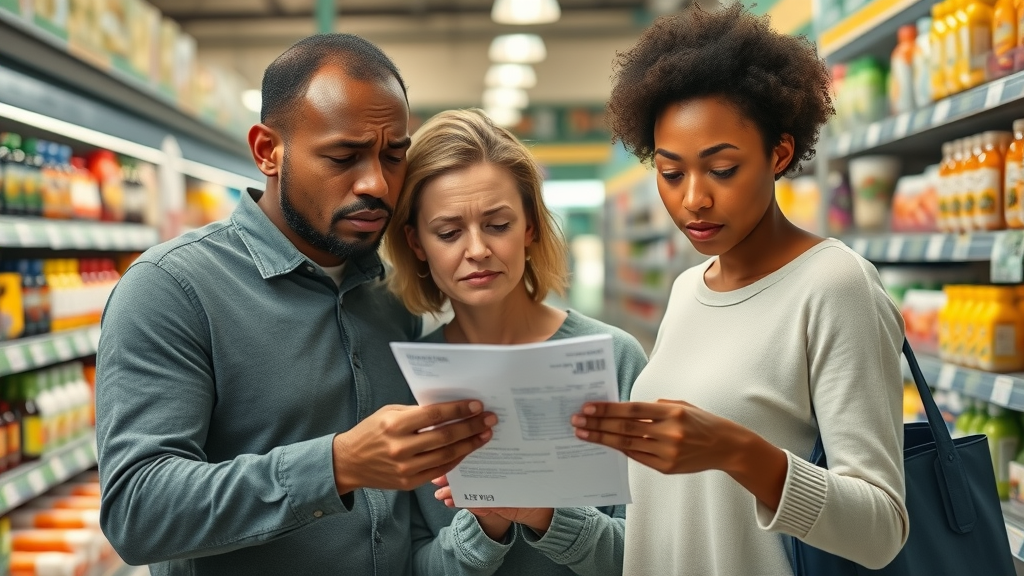 American family reviewing higher grocery bill due to goods price impact from tariffs