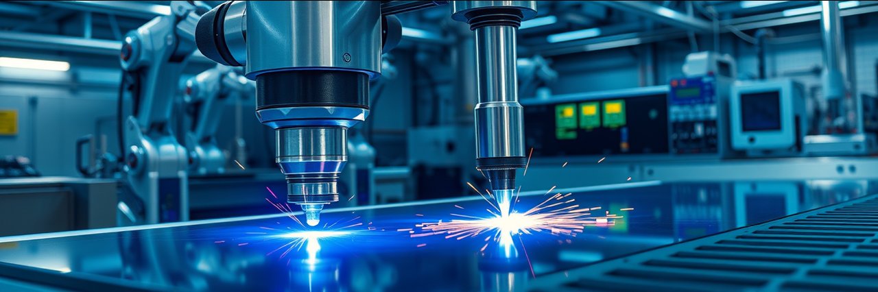 5-axis precision laser clean cutting, drilling and welding on metal in modern factory